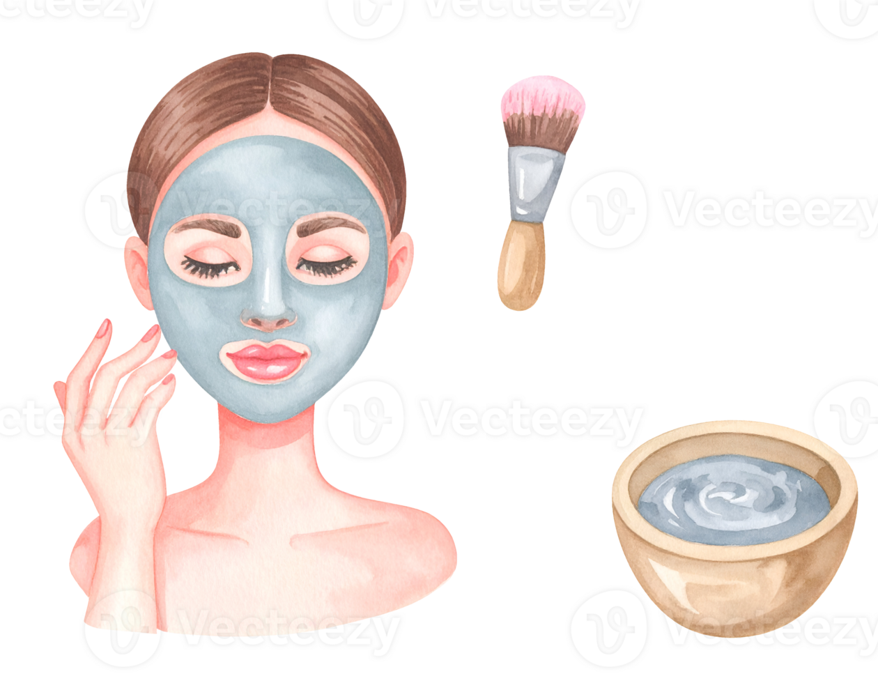 Woman face with blue clay mask, brush, and bowl for beauty treatment on isolated background png