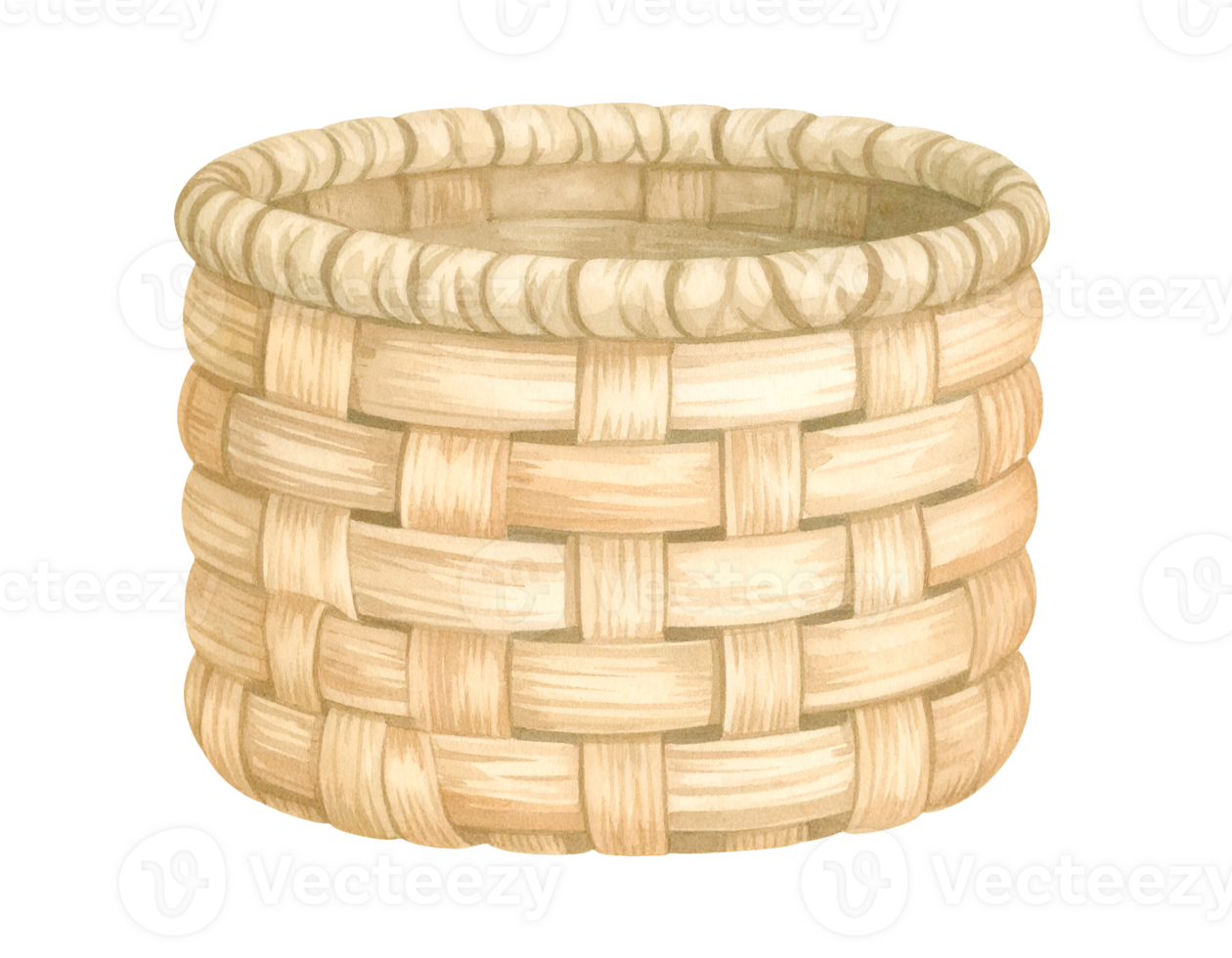 Round woven basket container with natural texture and pattern on isolated background png