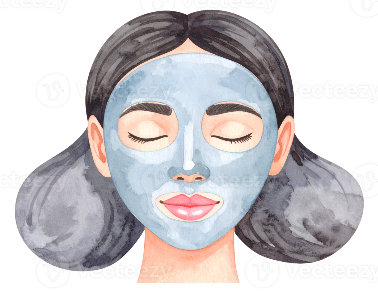 Watercolor illustration of woman face with blue clay facial mask and closed eyes for skincare and spa treatment on isolated background png