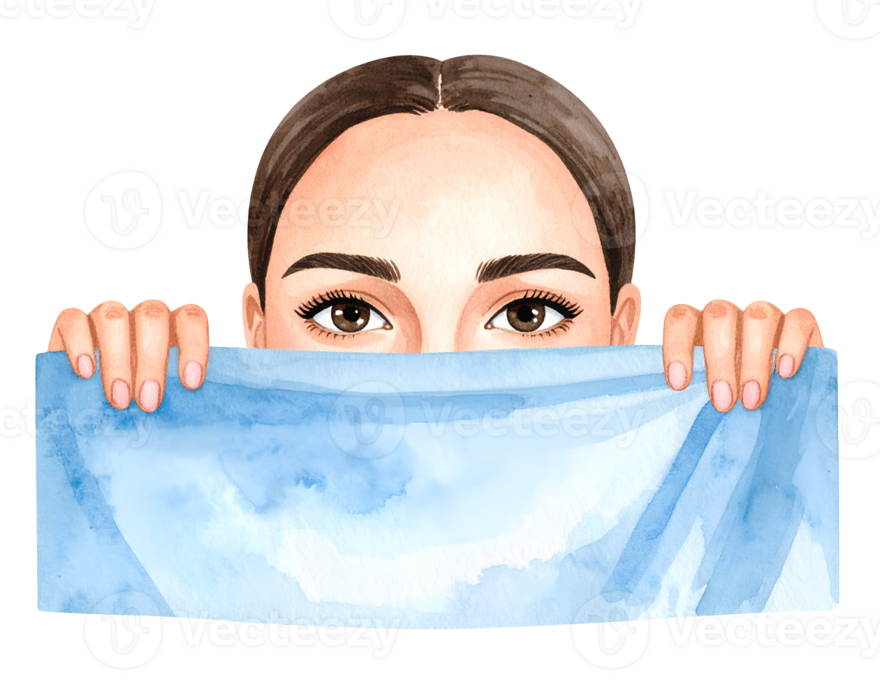 Half face of woman holding soft blue towel to cover mouth, wellness and spa watercolor illustration on isolated background png