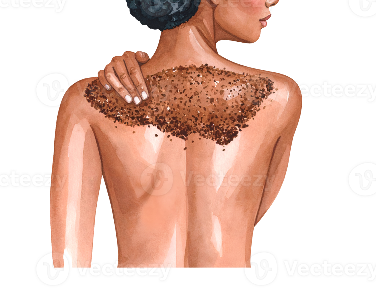 Back view of woman applying exfoliating coffee scrub on shoulder and upper back skin care treatment on isolated background png
