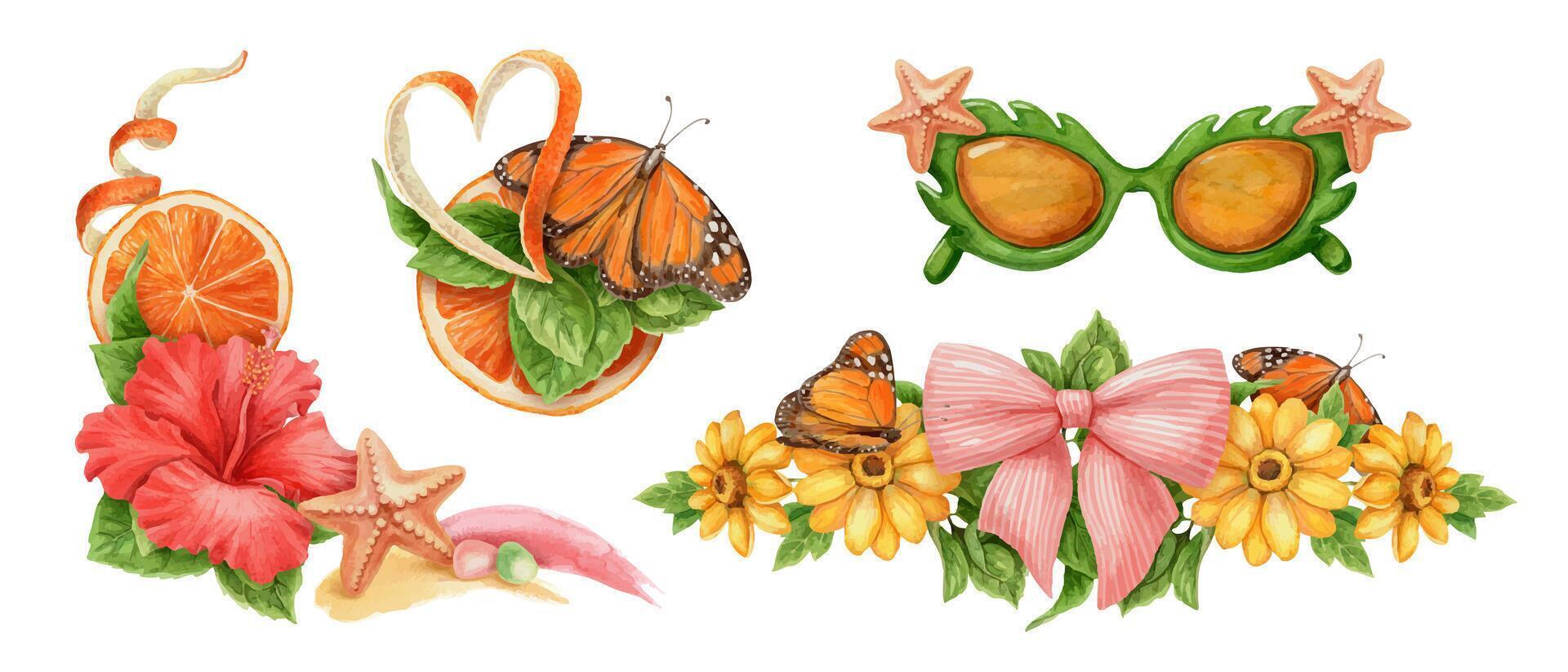 Summer design set of butterfly and flower element. Hand drawn watercolor fruit and ocean life artwork for tropical holiday theme decoration. Bright vivid and cheerful seasonal card or print template. vector
