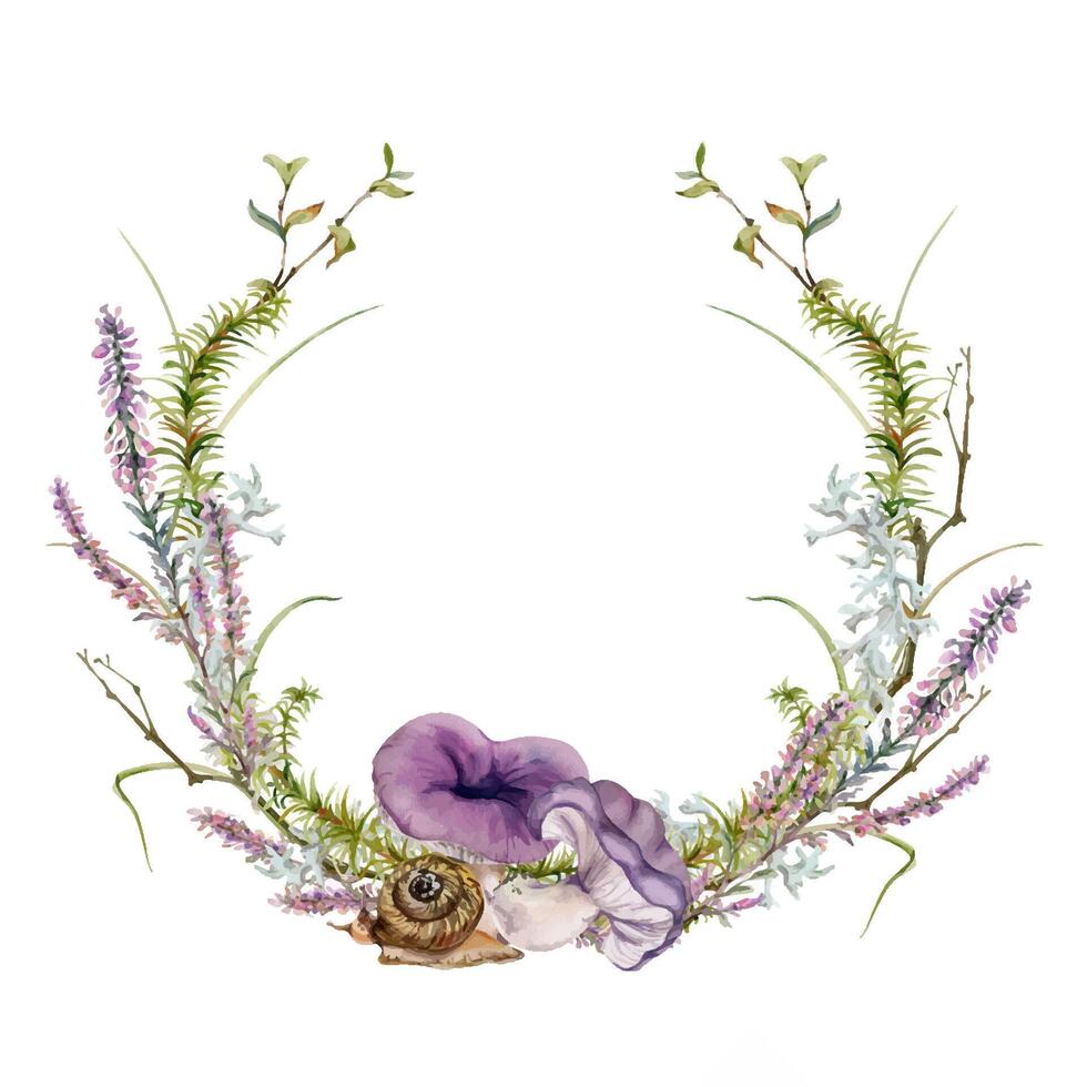 Russula webcap mushroom with snail, heather flowers, horsetail plant, berry branches twigs pine needles, moss lichen growth. Forest woodland natural habitat wreath frame hand drawn in watercolor. vector