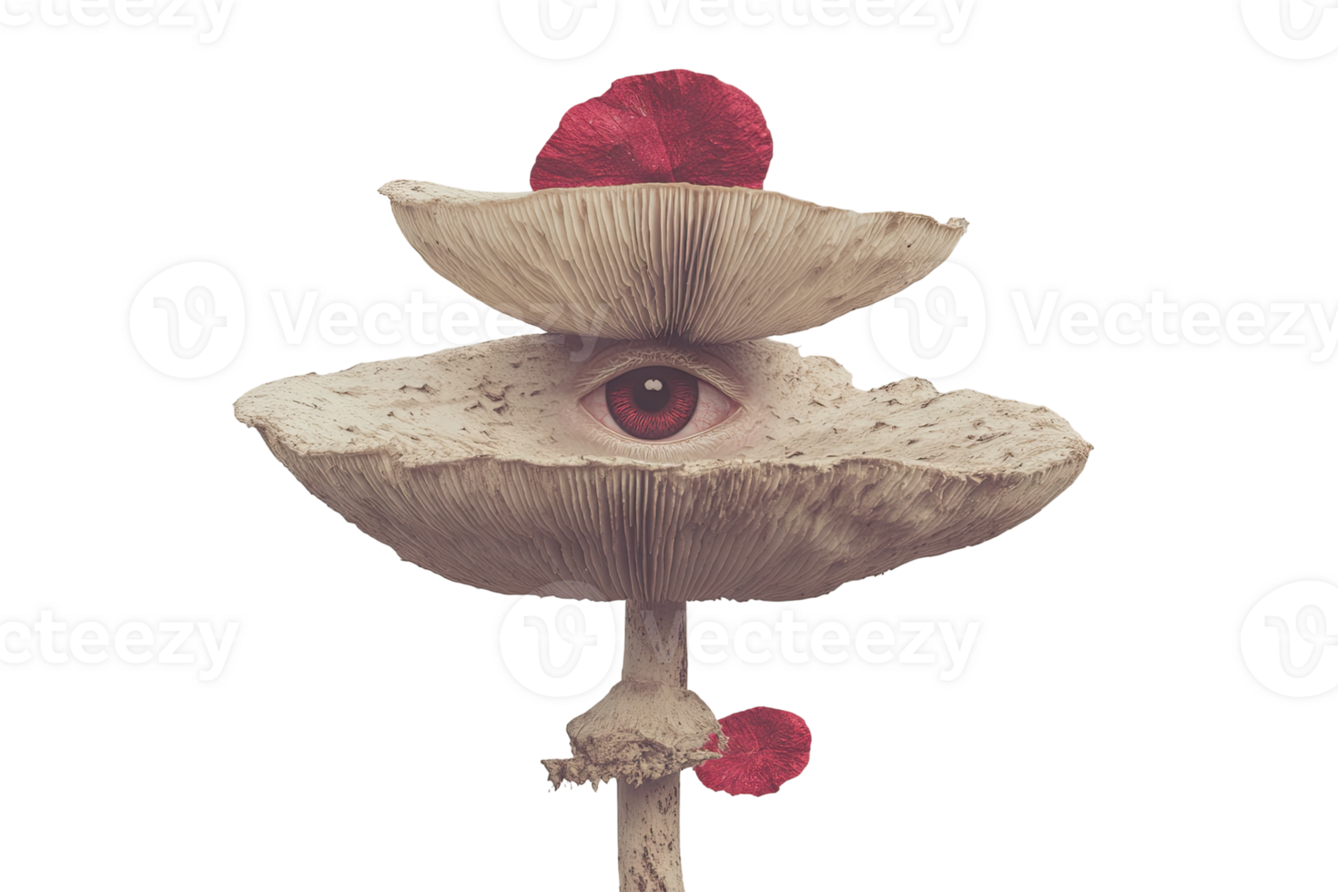Surreal mushroom with an eye in the stem and a red flower png