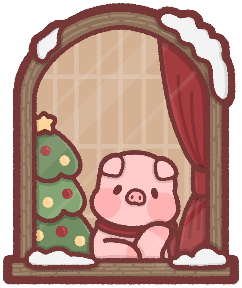 Pig sitting by a window with a Christmas tree png