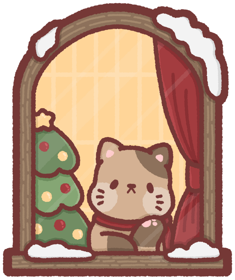 Cat sitting by a window with a Christmas tree png