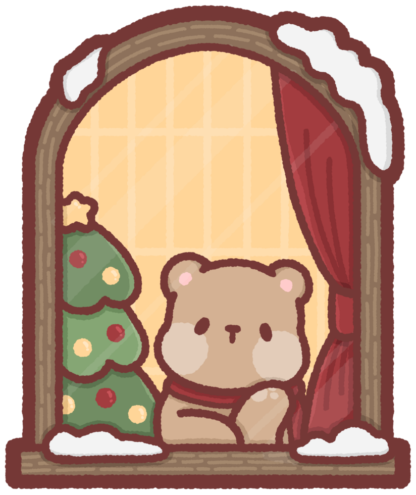 Grizzly bear sitting by a window with a Christmas tree png