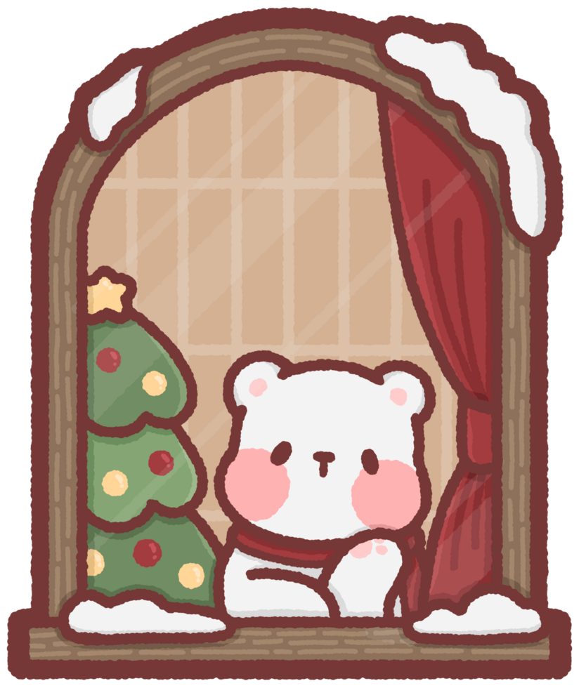 Polar bear sitting by a window with a Christmas tree png