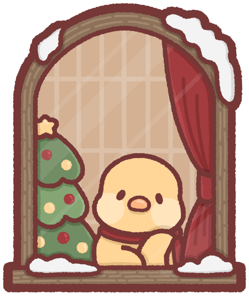Chicken sitting by a window with a Christmas tree png