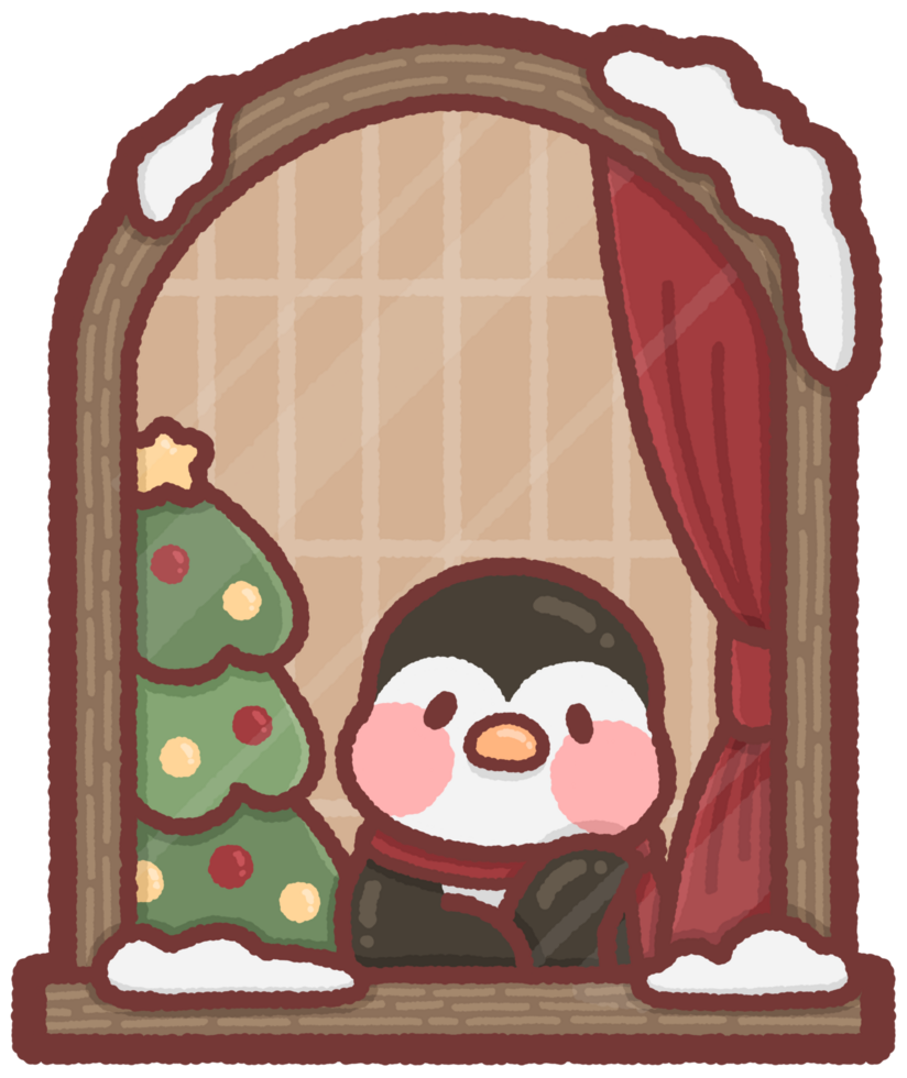 Penguin sitting by a window with a Christmas tree png