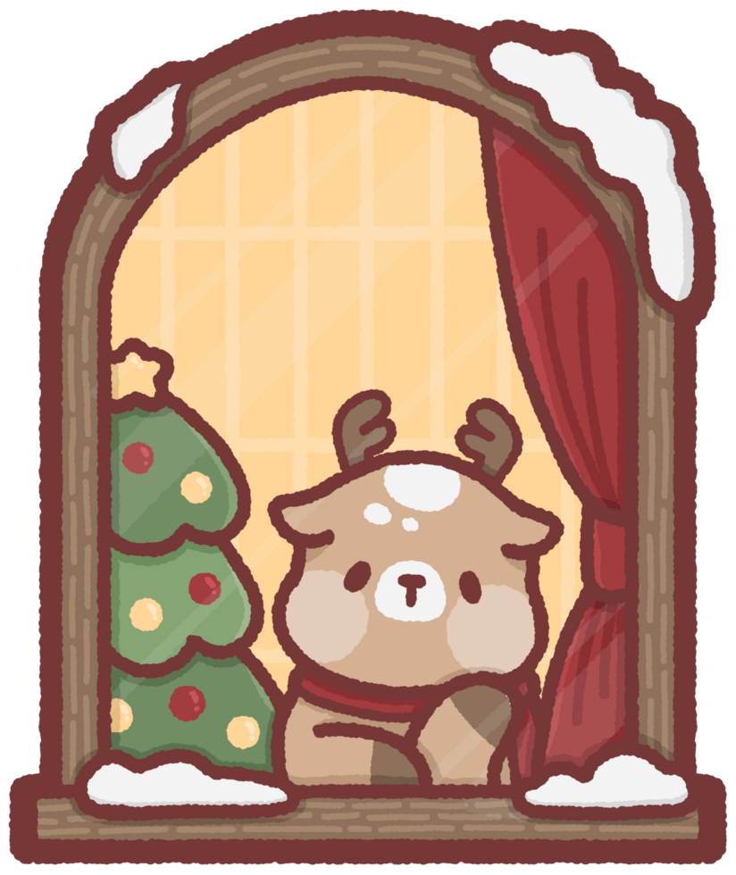 Deer sitting by a window with a Christmas tree png