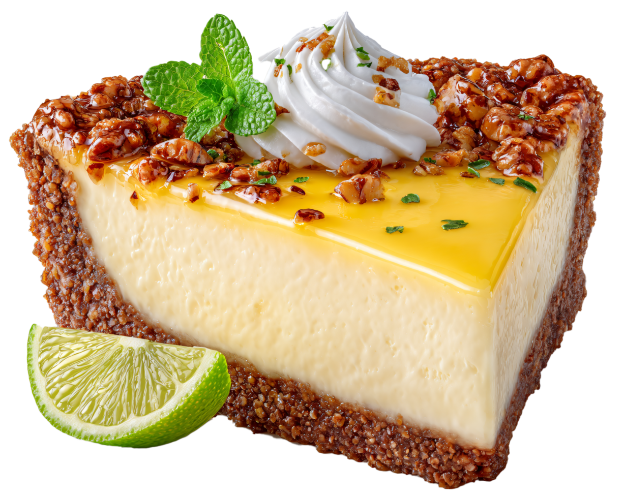 Delicious slice of creamy lime cheesecake with whipped cream topping png