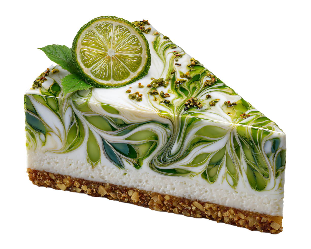 Elegant Lime Cheesecake with Swirl Design and Fresh Mint Garnish png