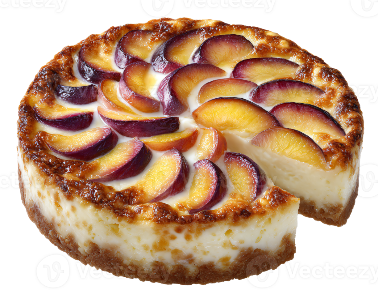 Delicious Creamy Cheesecake with Fresh Peach Slices on Top png