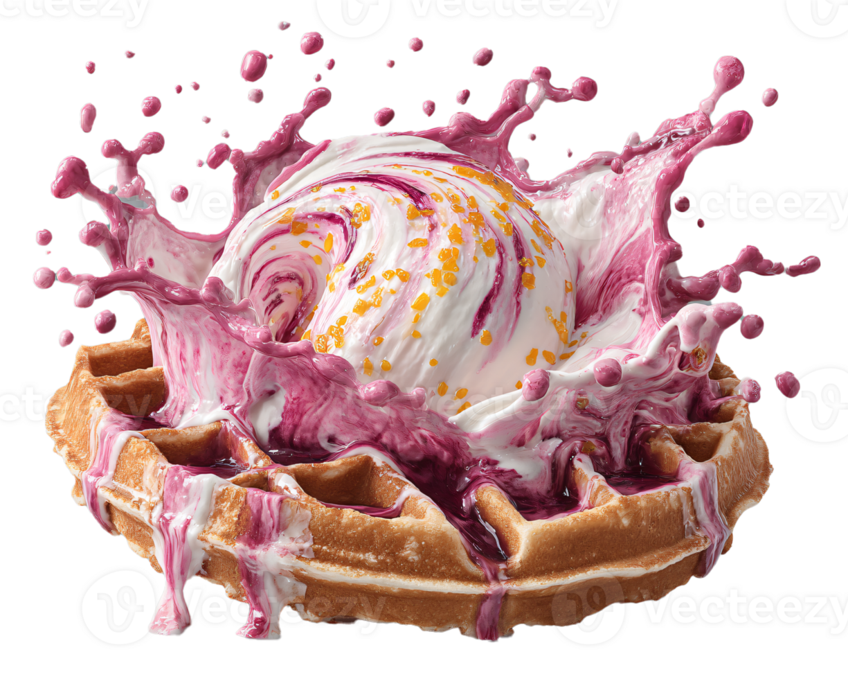 Delicious Ice Cream Splashing Over Waffle with Colorful Swirls png