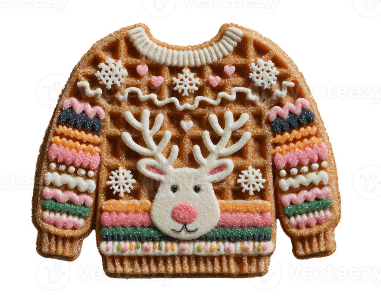 Festive Gingerbread Cookie Sweater Design with Reindeer and Snowflakes png