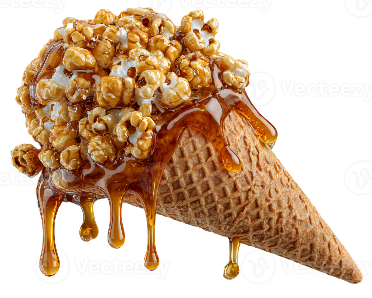 Delicious Ice Cream Cone Topped with Popcorn and Caramel Drizzle png