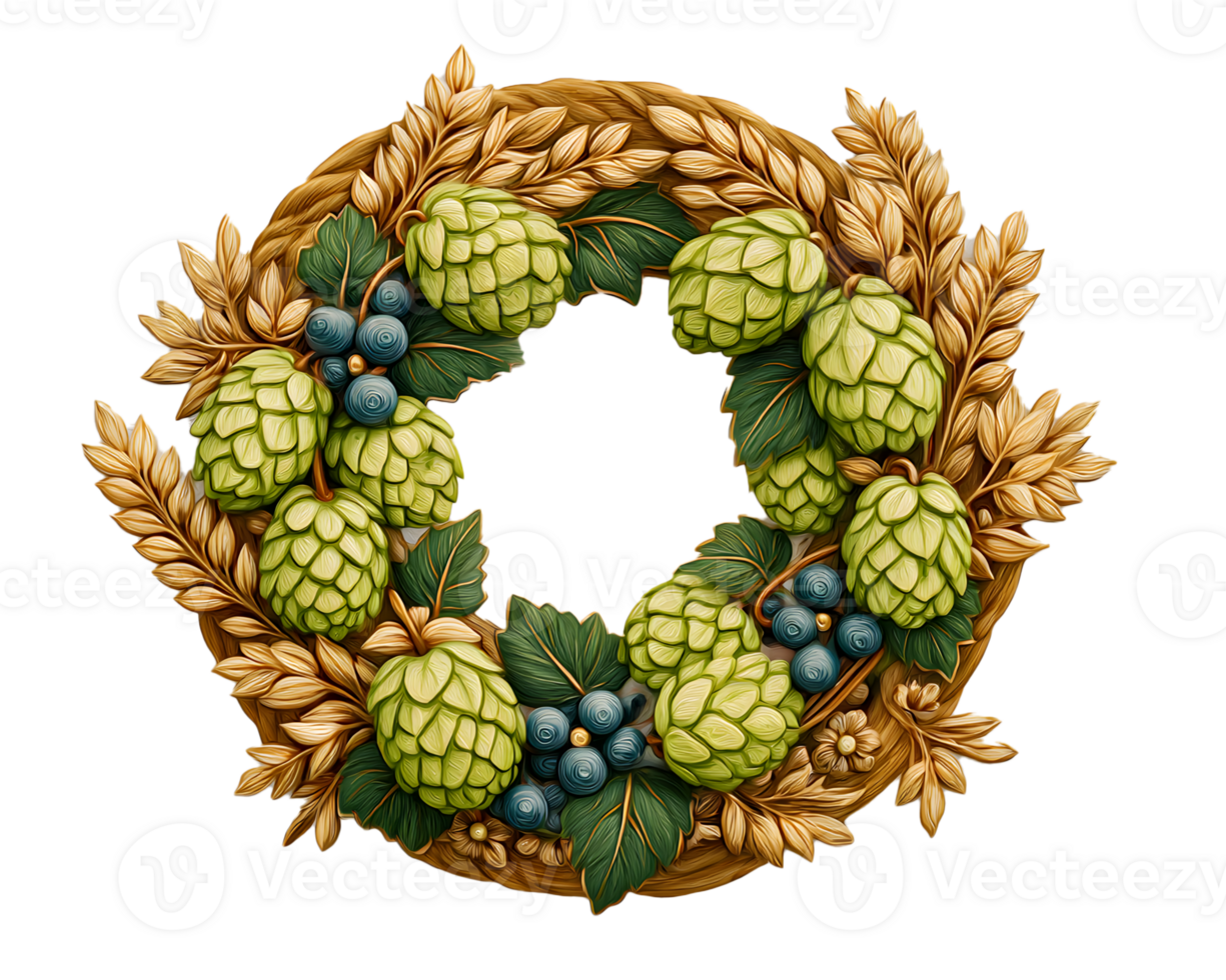 Elegant Natural Wreath Design with Hops, Berries, and Wheat png