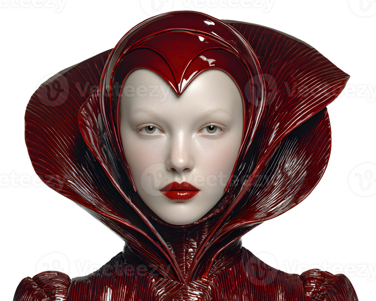 Futuristic Female Figure with Glossy Red Attire and Artistic Headpiece png