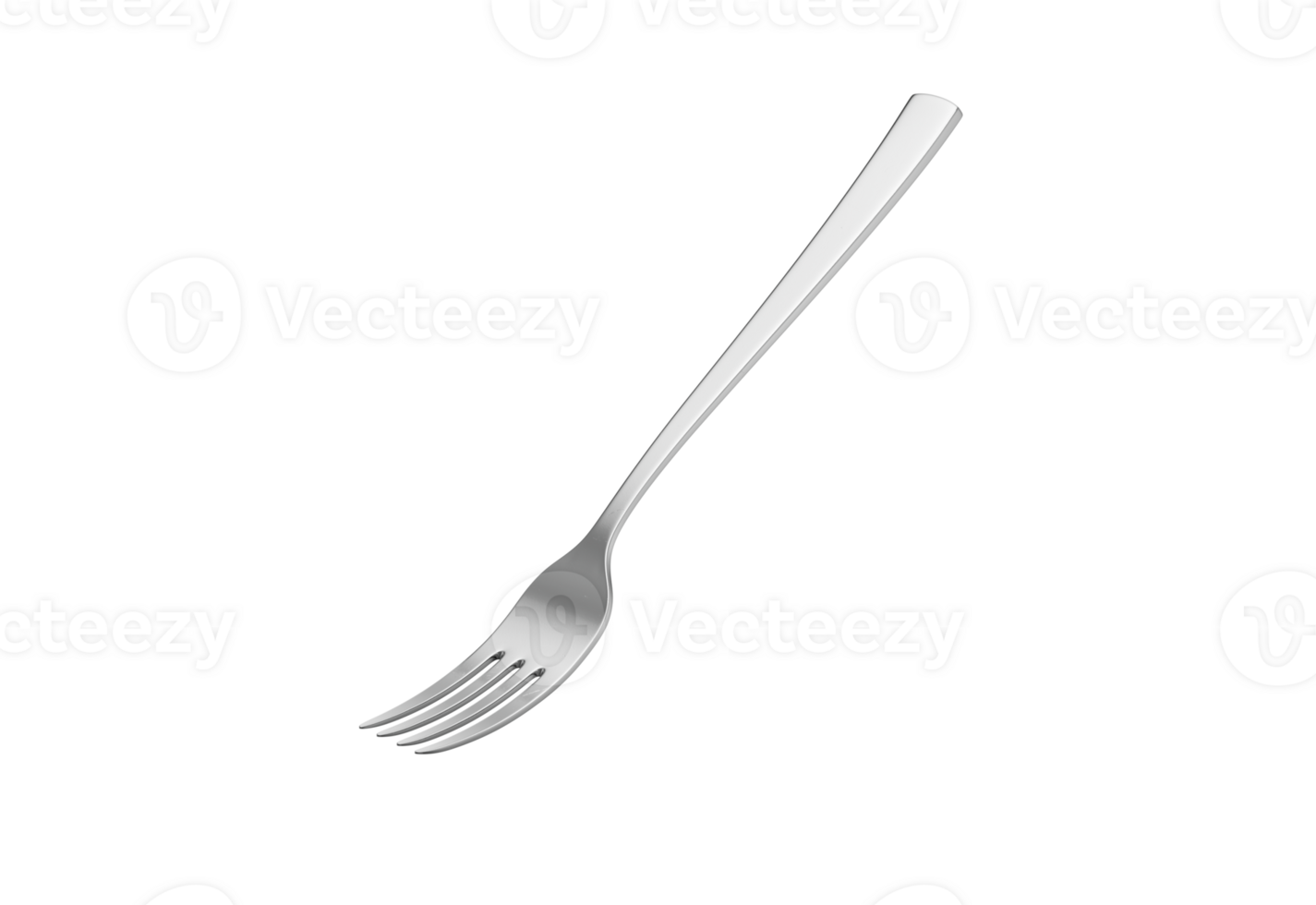 A sleek 3D stainless steel fork with a reflective finish and a slightly curved handle. 3D Illustration png