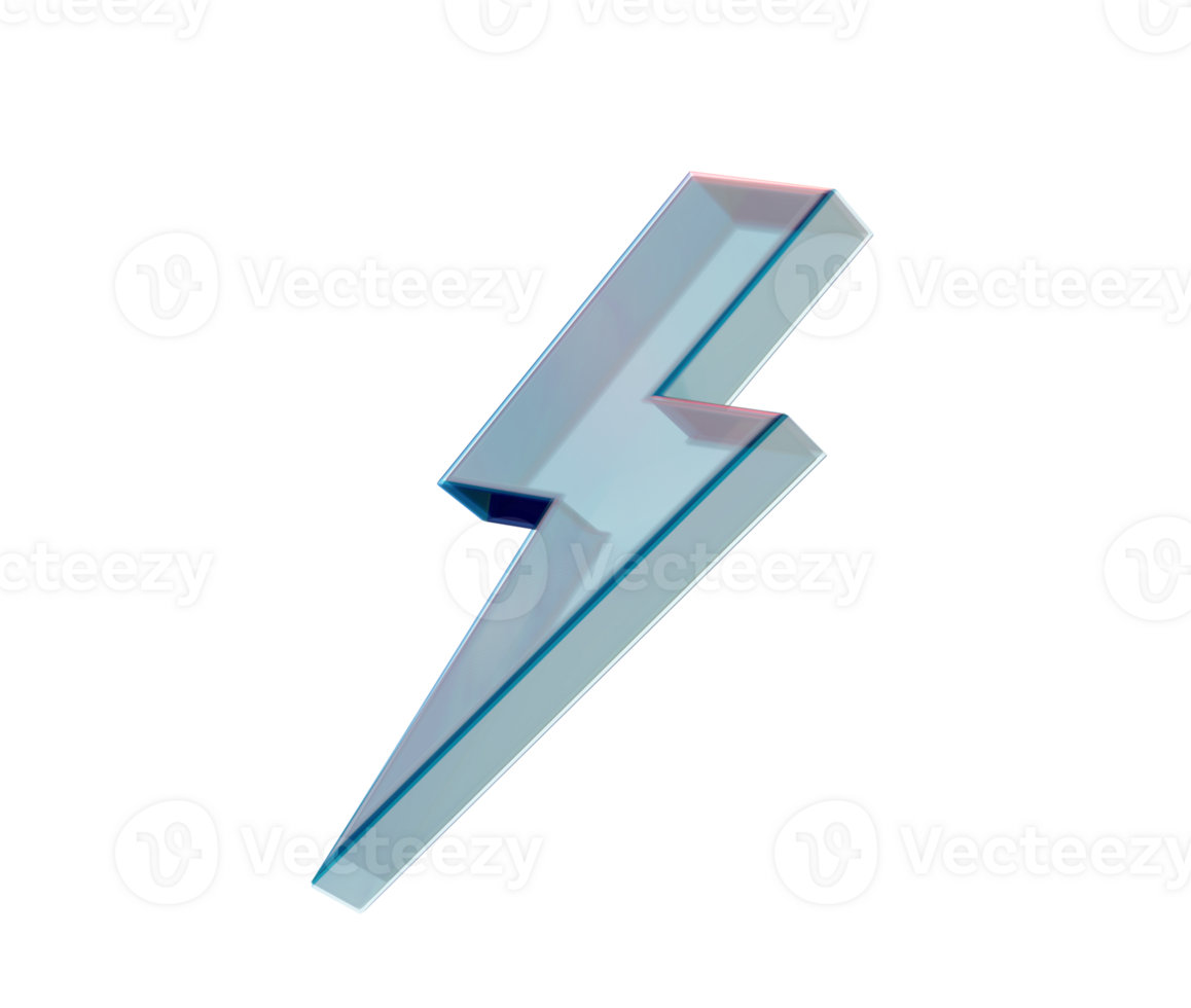 A sleek, glass-like 3D lightning bolt icon with a transparent effect. 3D Illustration png