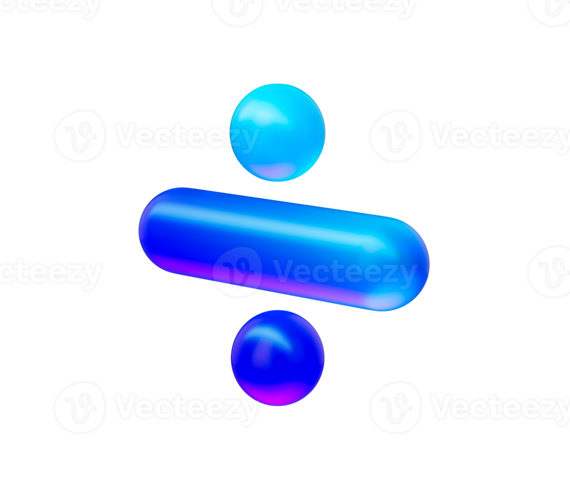 A Division symbol with a glossy neon blue gradient, and reflective surface. 3d illustration png