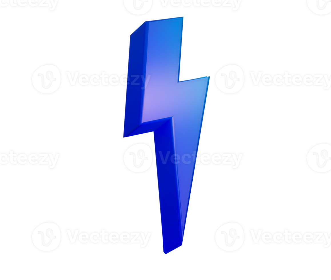 A gradient blue 3D lightning bolt icon with a sleek, modern and electrifying look. 3d illustration png