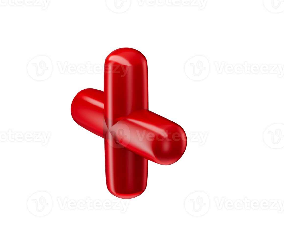 A vibrant red plus sign with smooth edges, representing addition or a medical theme. 3D Illustration png