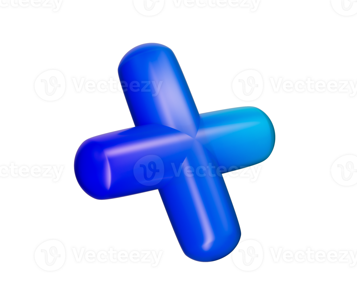 3D Glossy Blue plus sign with a gradient finish, featuring smooth, rounded edges. 3D Illustration png