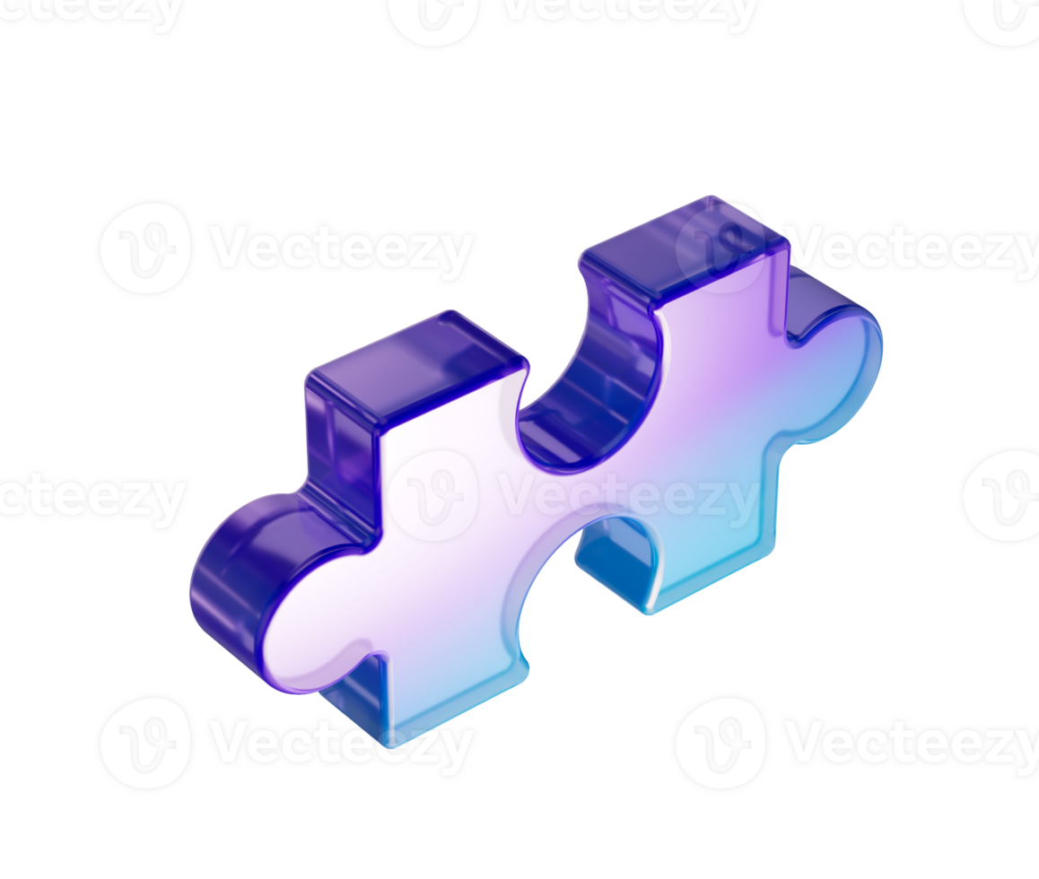 3D Glossy purple and blue gradient puzzle piece with a sleek, futuristic design. 3d illustration png