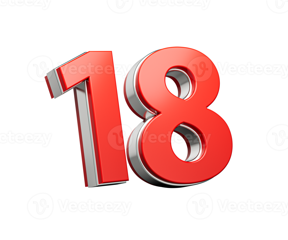 Bold Vibrant Red Number Eighteen Number 18 With Metallic On White Background 3D Illustration png