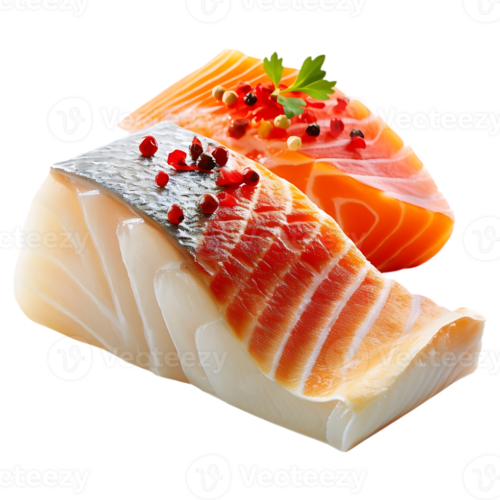 Fresh salmon and cod fillets seasoned with peppercorns and herbs png