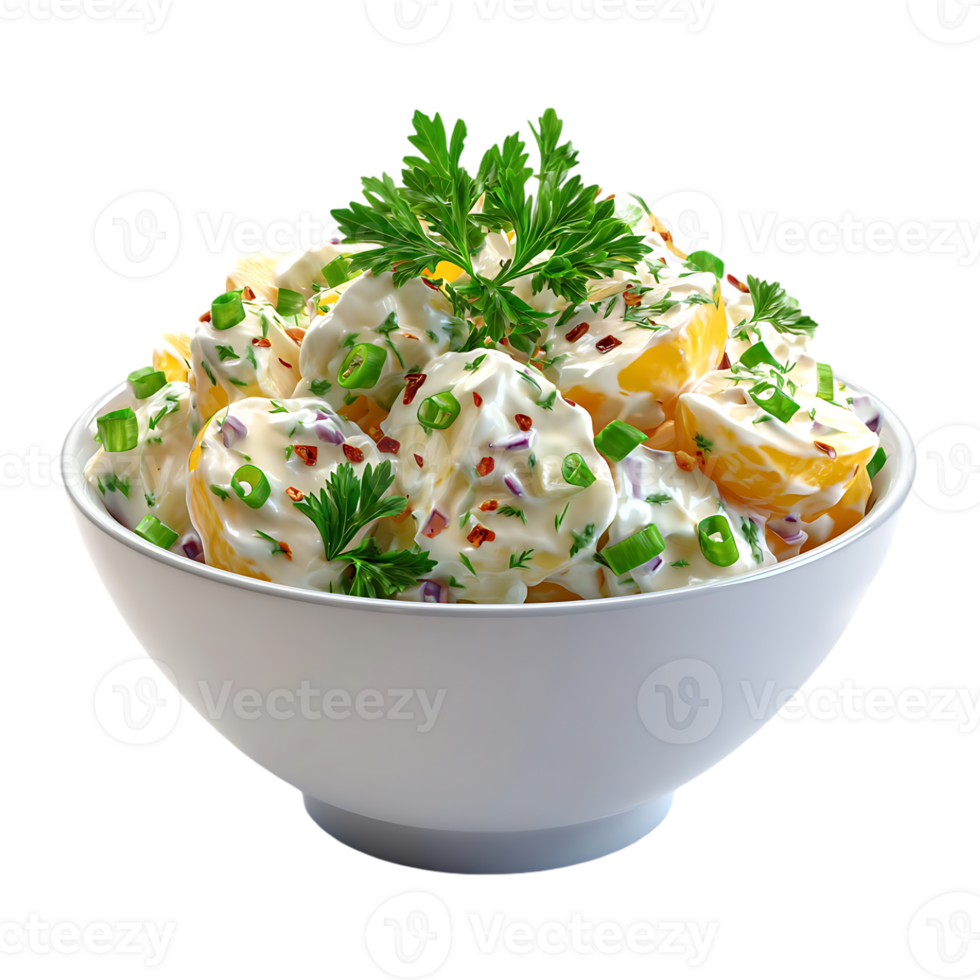 Creamy potato salad in a white bowl garnished with parsley chives and red pepper flakes png
