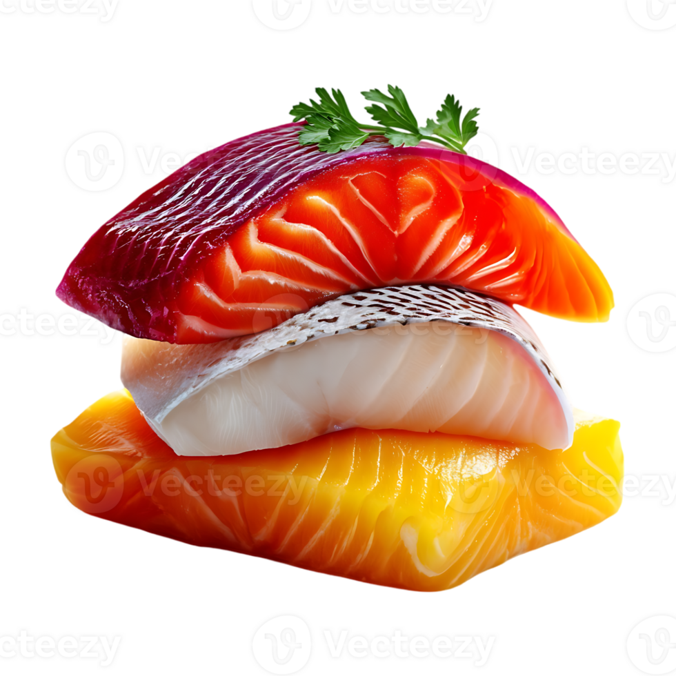 Delicious stack of three different fish fillets garnished with parsley png