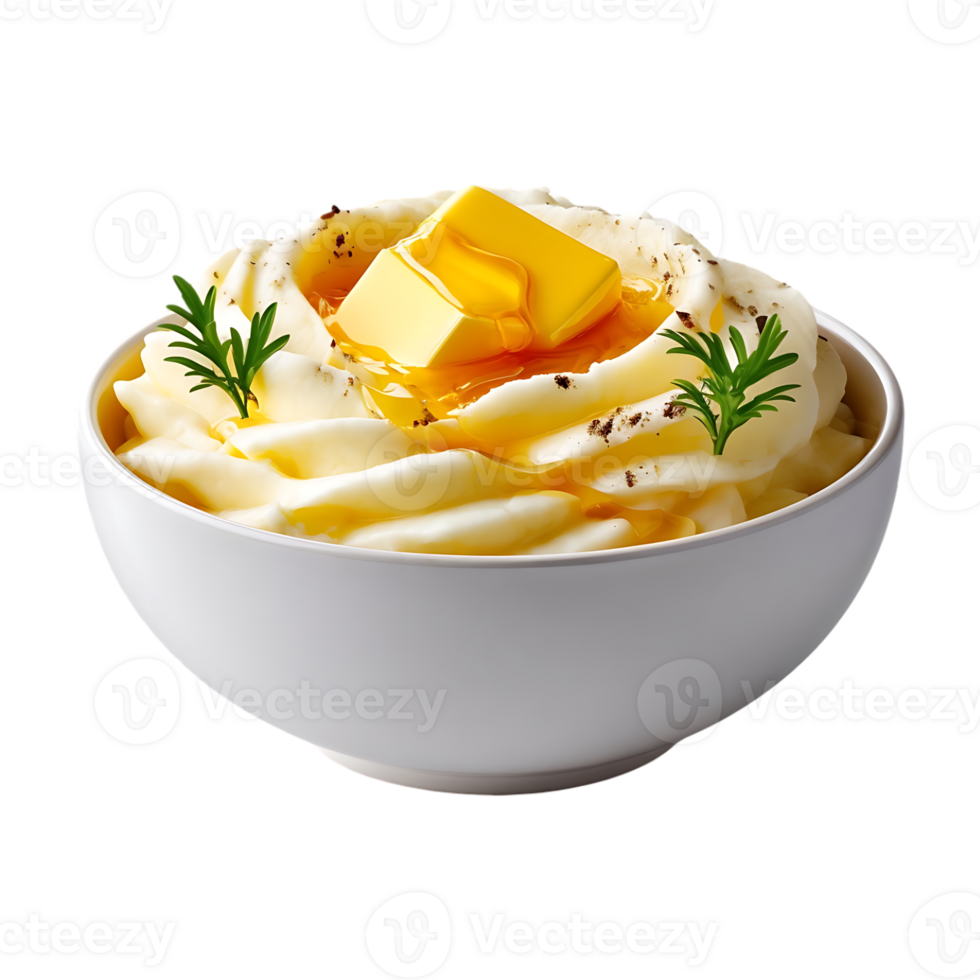 Creamy mashed potatoes in a bowl topped with butter and herbs png