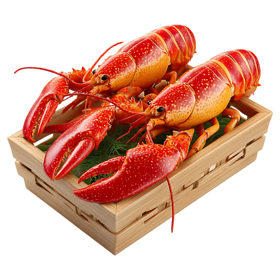Three cooked lobsters in a wooden crate garnished with herbs png
