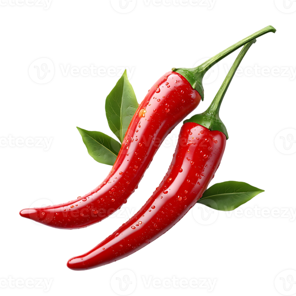 Two red chili peppers with water droplets and green leaves png