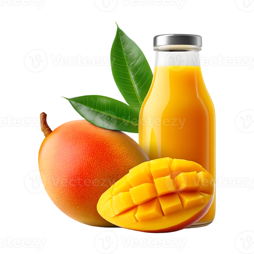 Fresh mango juice bottle with fruit and leaves png