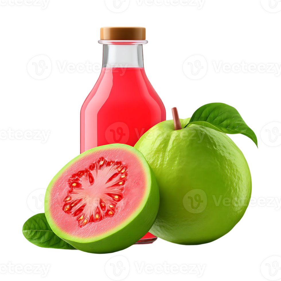 Refreshing guava juice bottle and fresh guavas sliced and whole png