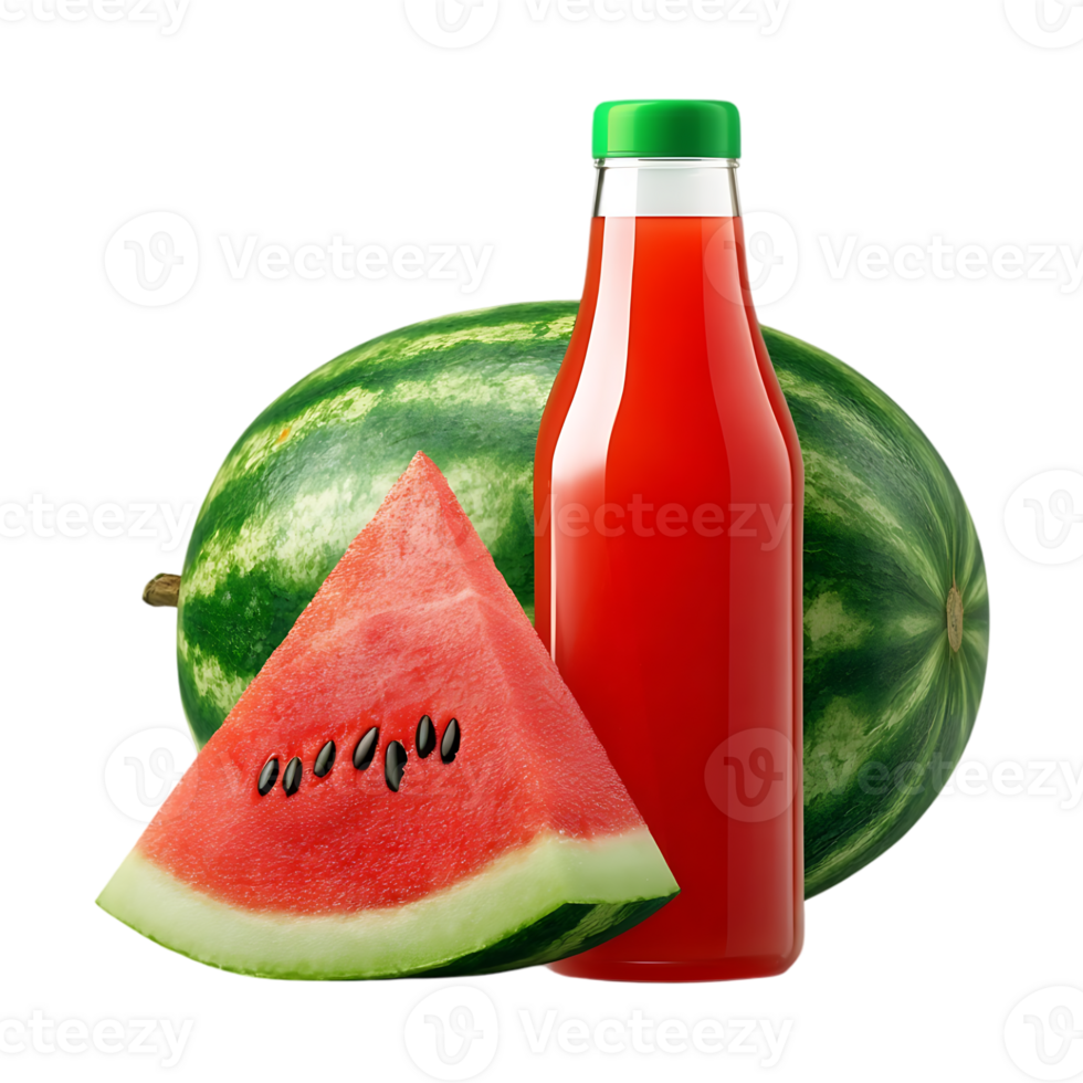 Refreshing watermelon juice in a bottle with a watermelon slice png