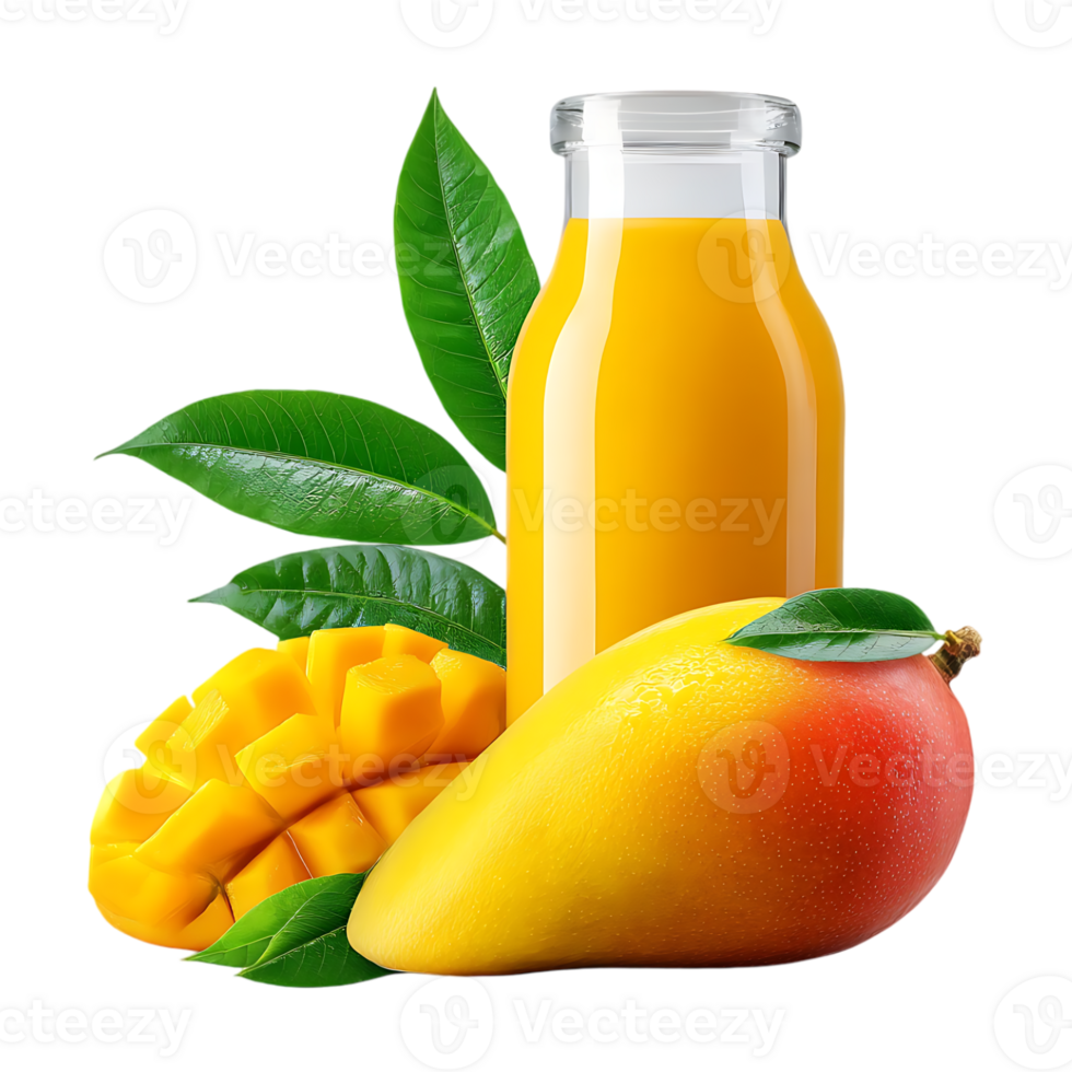 Fresh mango juice bottle and ripe mangoes with green leaves png