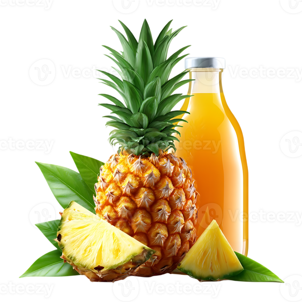 Fresh pineapple juice bottle and slices tropical fruit drink png