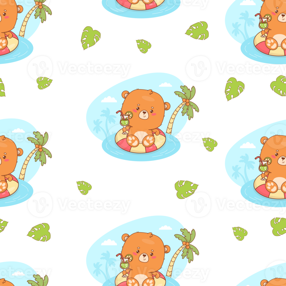Seamless Pattern with Cute Bear Beachgoer in relaxing on Swim Ring with Drink png