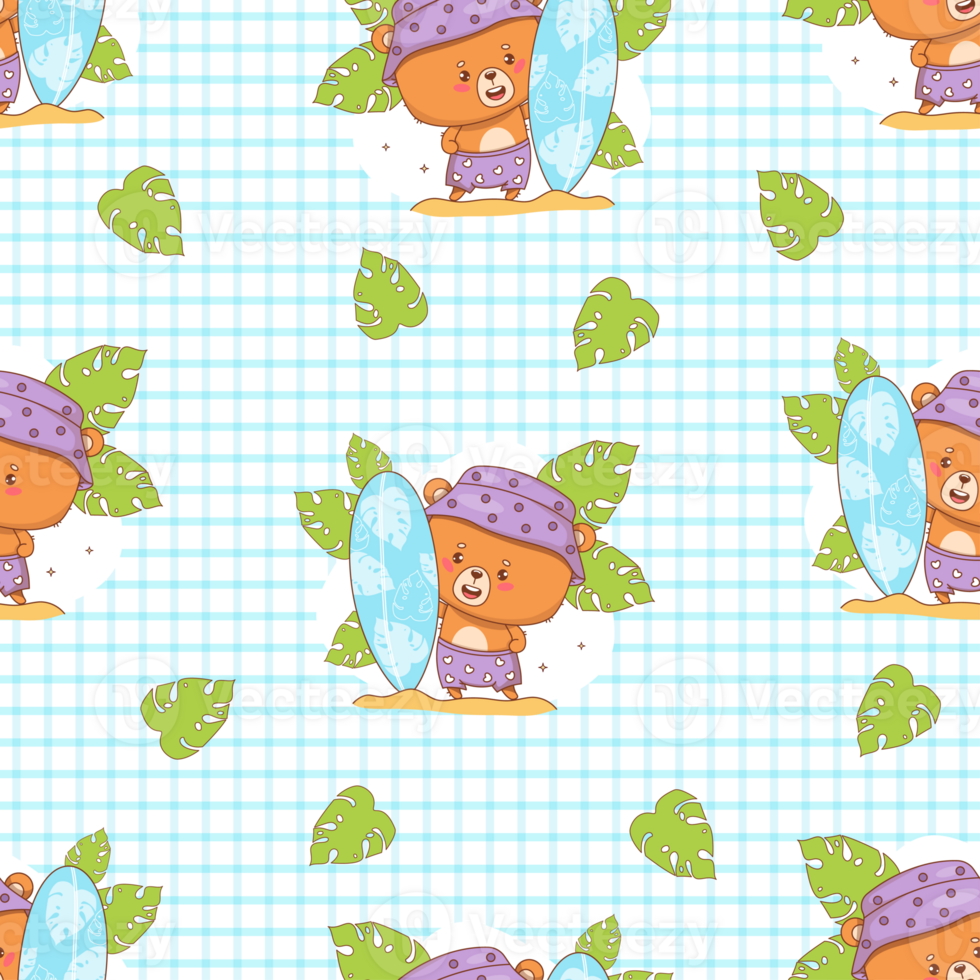 Seamless Pattern with Cute Bear Beachgoer Surfer with tropical leaves. png