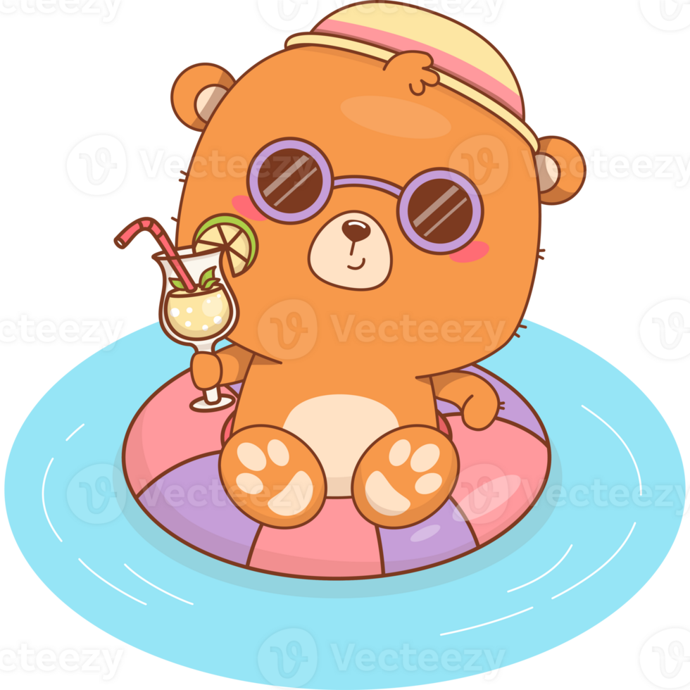 Cute Bear in Hat and Sunglasses Swims on Inflatable Pool Ring png