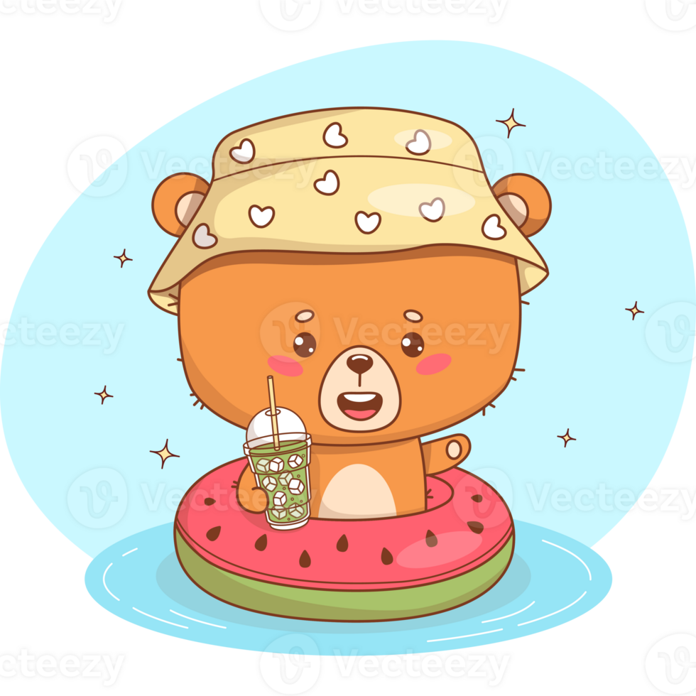 Cute Bear in Hat Swims on Watermelon Ring with Cocktail png