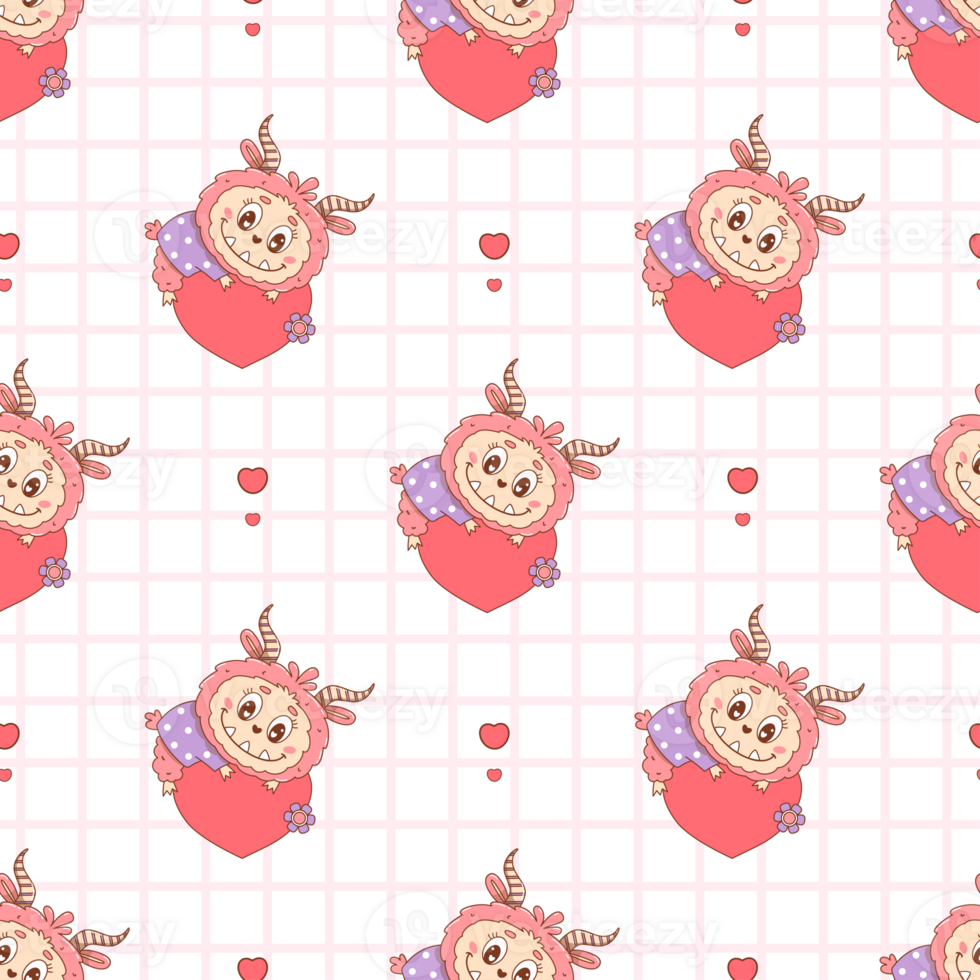 Romantic Seamless pattern Cute Monster with Heart on checkered background png