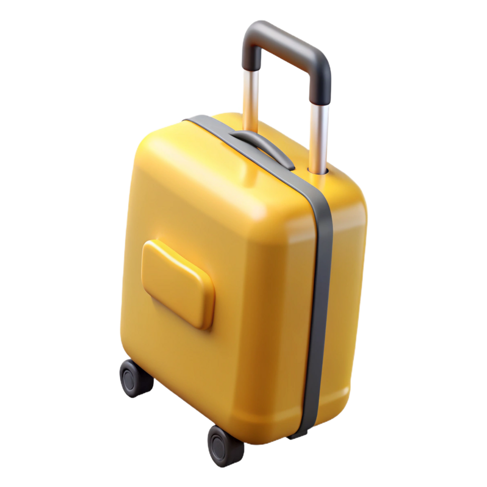 Yellow modern rolling suitcase with telescopic handle against a transparent background png