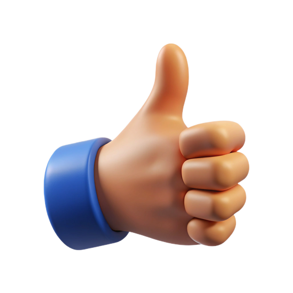3d blue thumbs up gesture against a transparent background png