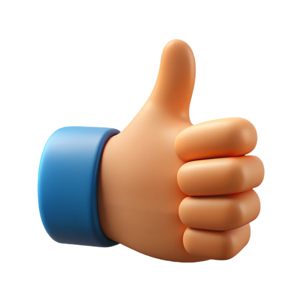 3d cartoon thumbs up gesture with blue sleeve against transparent background png